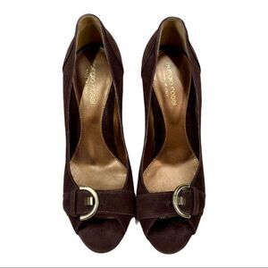 Sergio Rossi Brown Suede Peep Toe Buckle Heels Chunky Heel Size 37